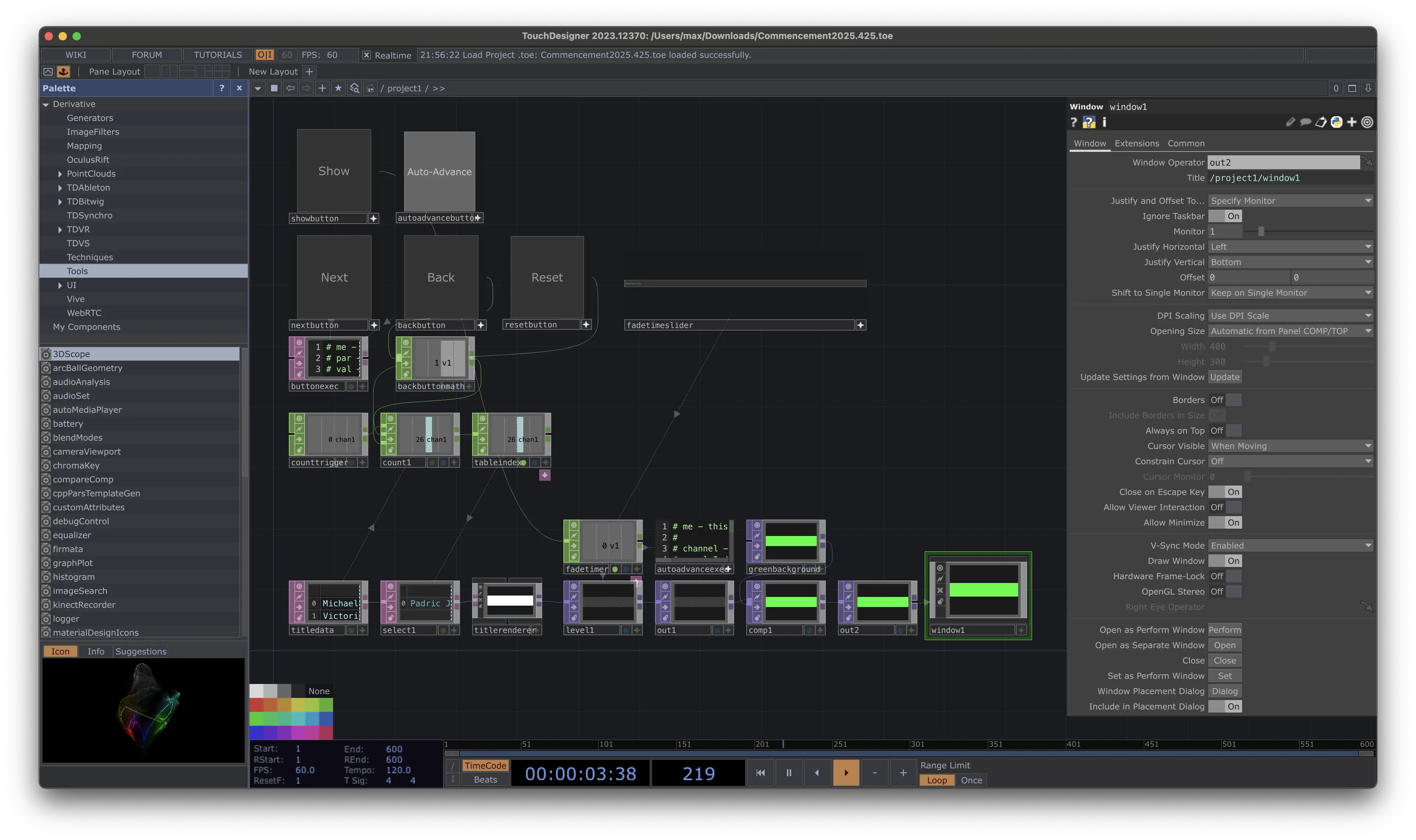 A screenshot of a TouchDesigner patch. There's not too much going on, but
it's a little complicated.