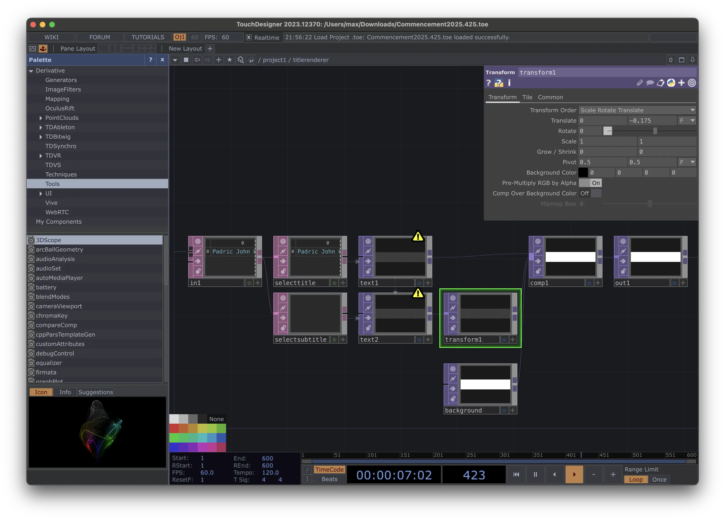 Another screenshot of the TouchDesigner patch, this time of a subcomponent
of the patch.